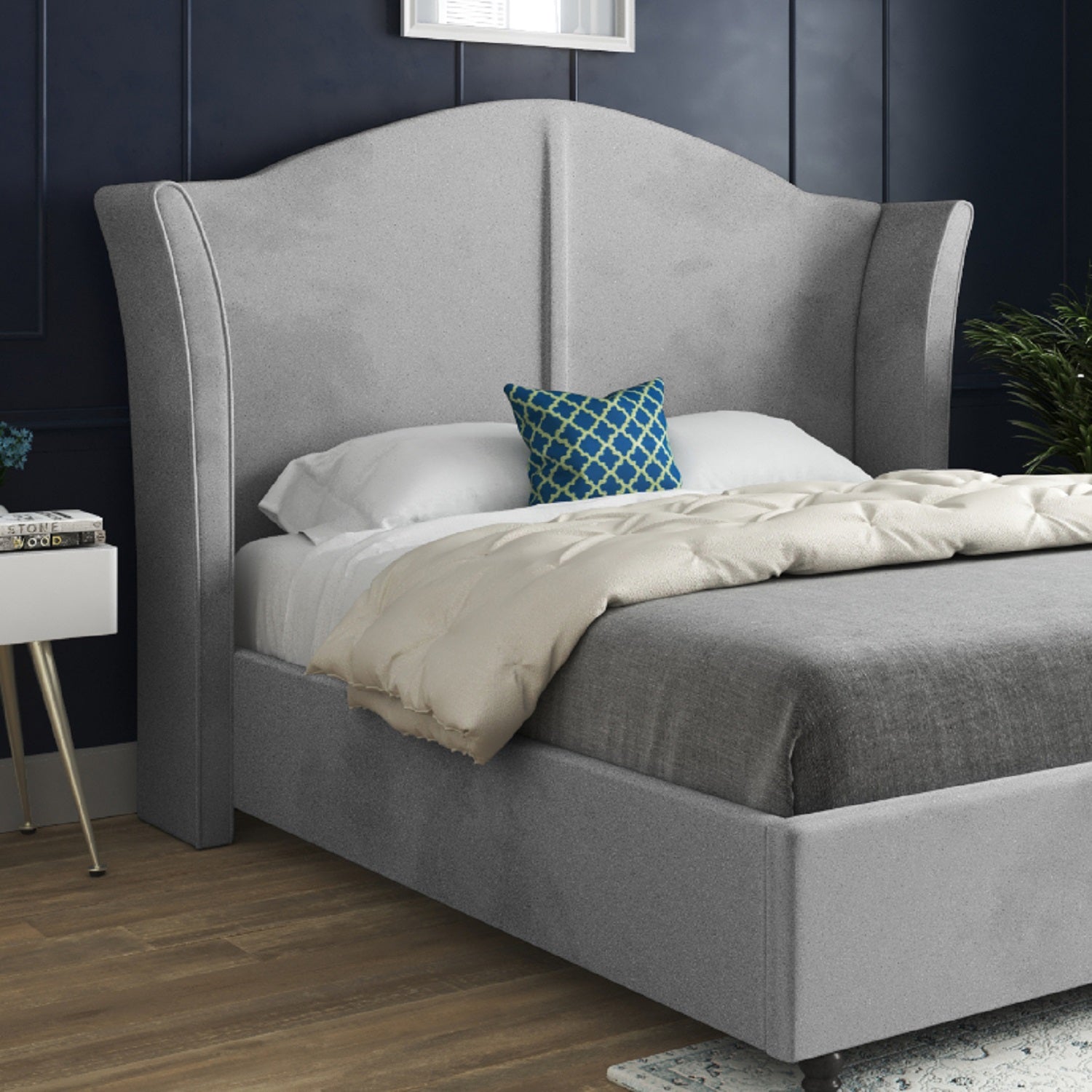 Zampa Curved Top Curved Winged Upholstered Soft Velvet Bed Frame