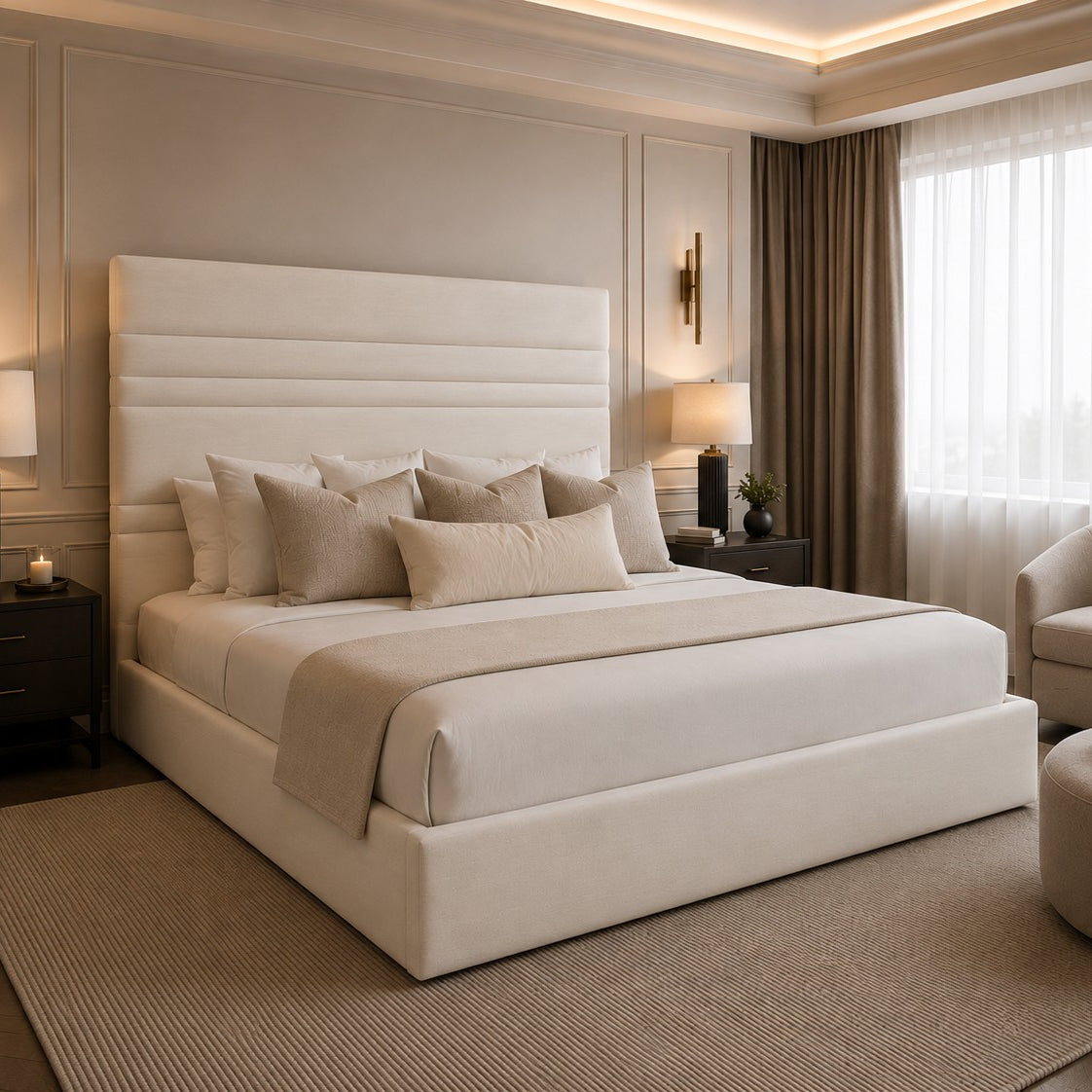 Amalfi Horizontal Line Stitched Tall Headboard Upholstered Bed Frame