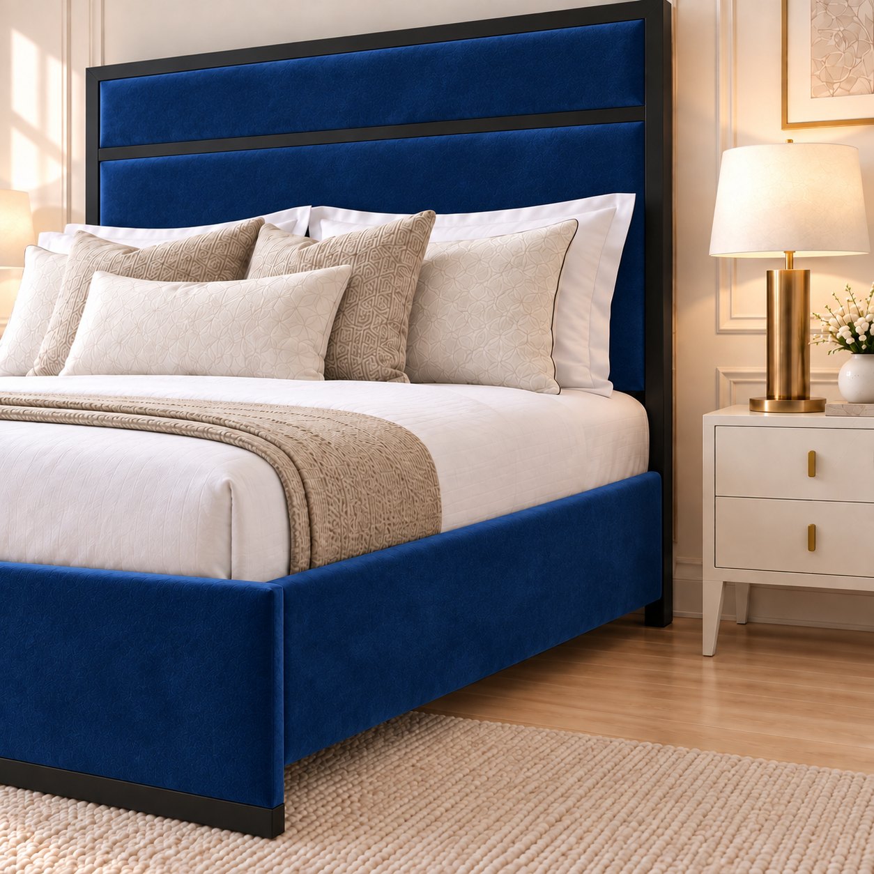 Asolo bed in blue with black metal frame, headboard close-up