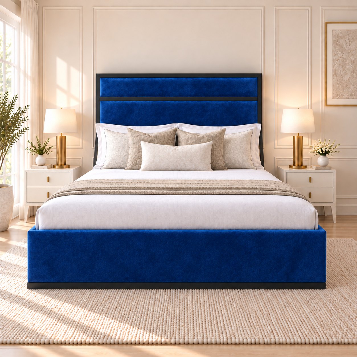 Asolo bed in blue with black metal frame, front view