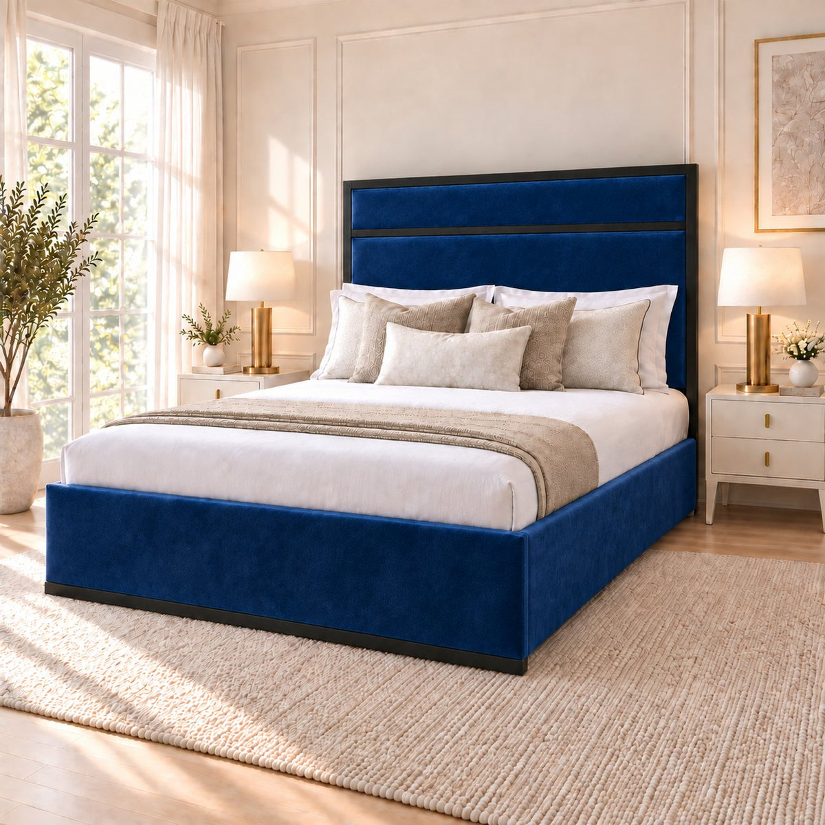 Asolo bed in blue with black metal frame, side view