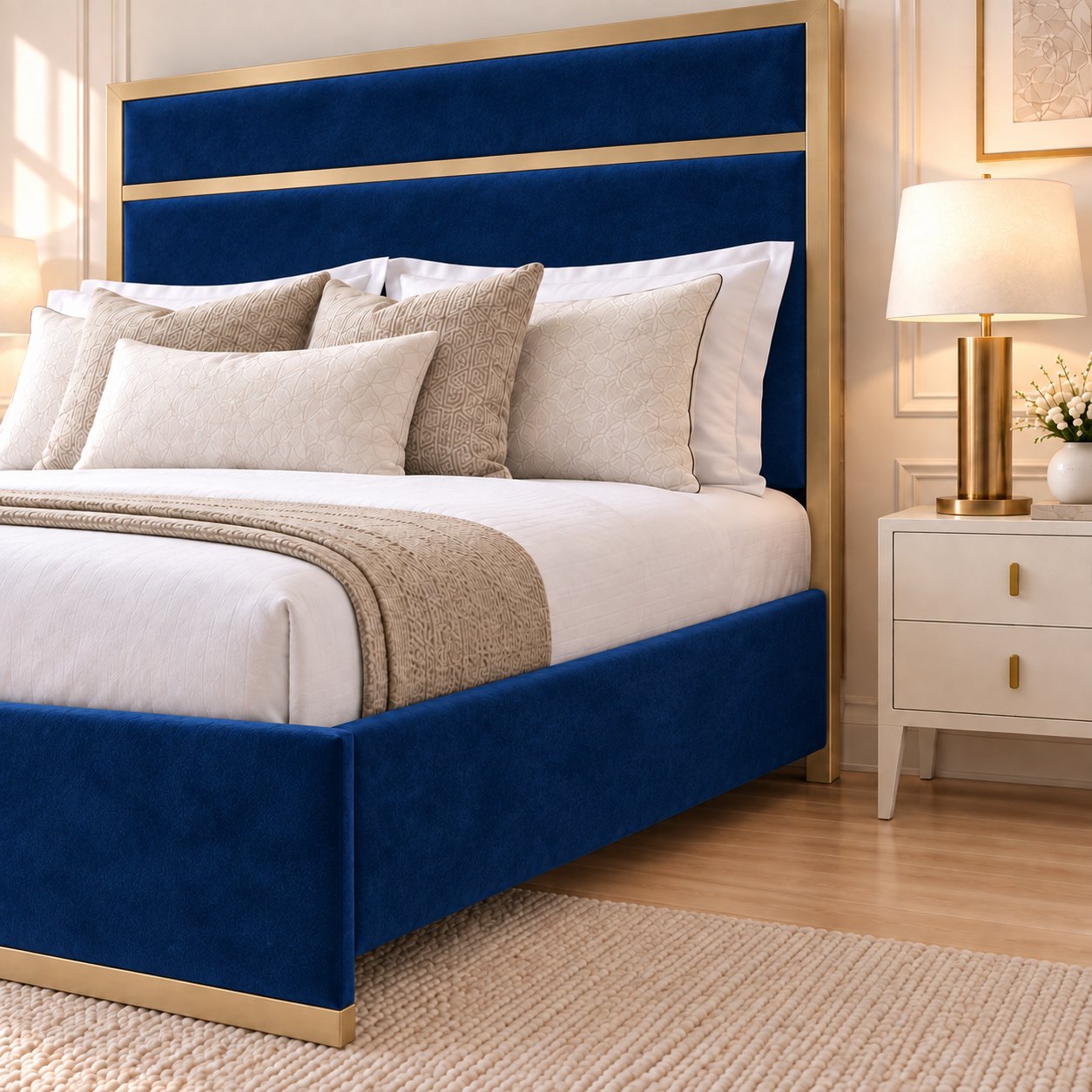 Asolo bed in blue with matt gold metal frame, headboard close-up