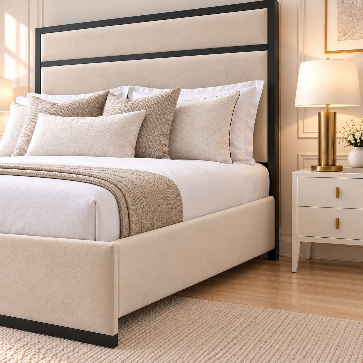 Asolo bed in cream with black metal frame, headboard close-up