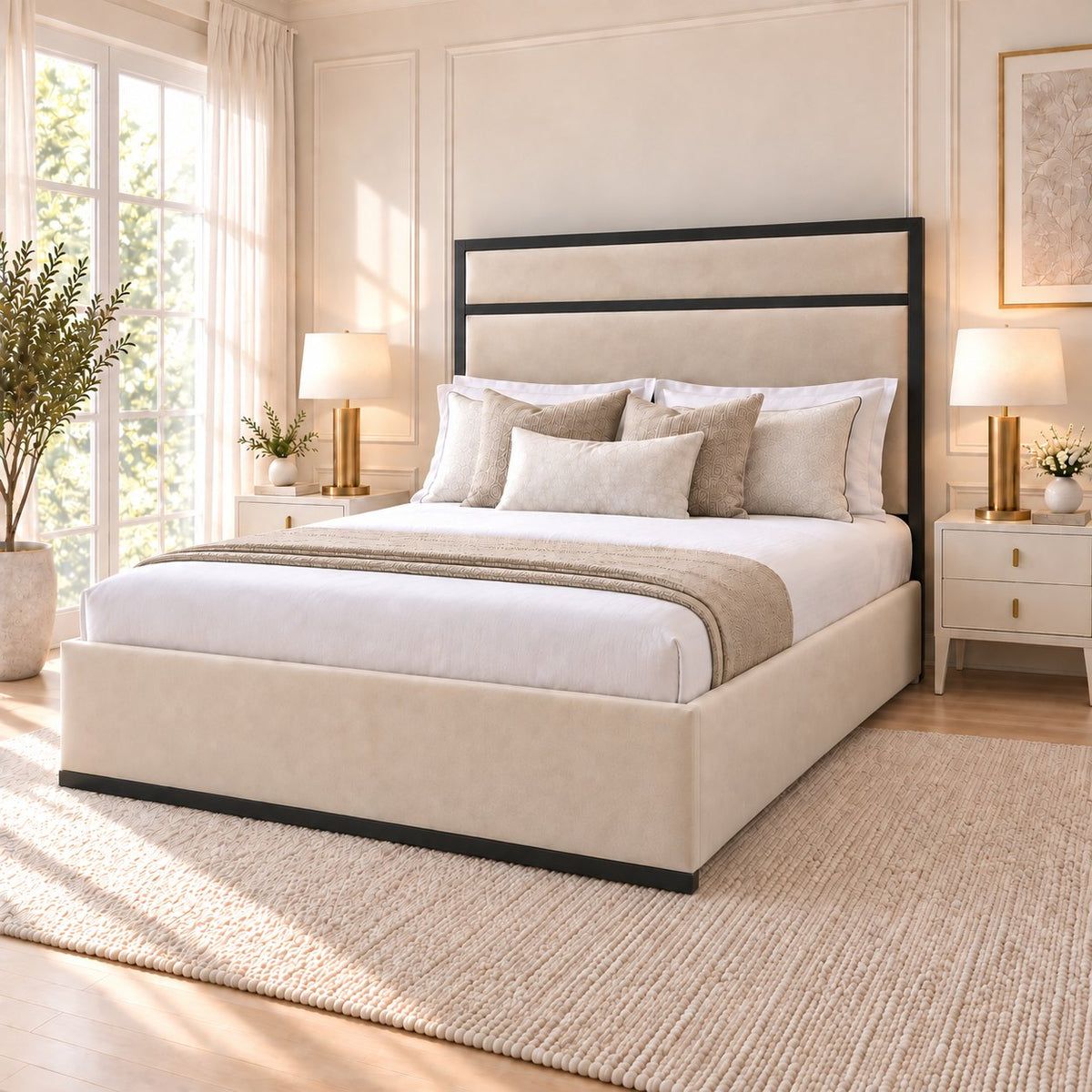 Asolo bed in cream with black metal frame, side view
