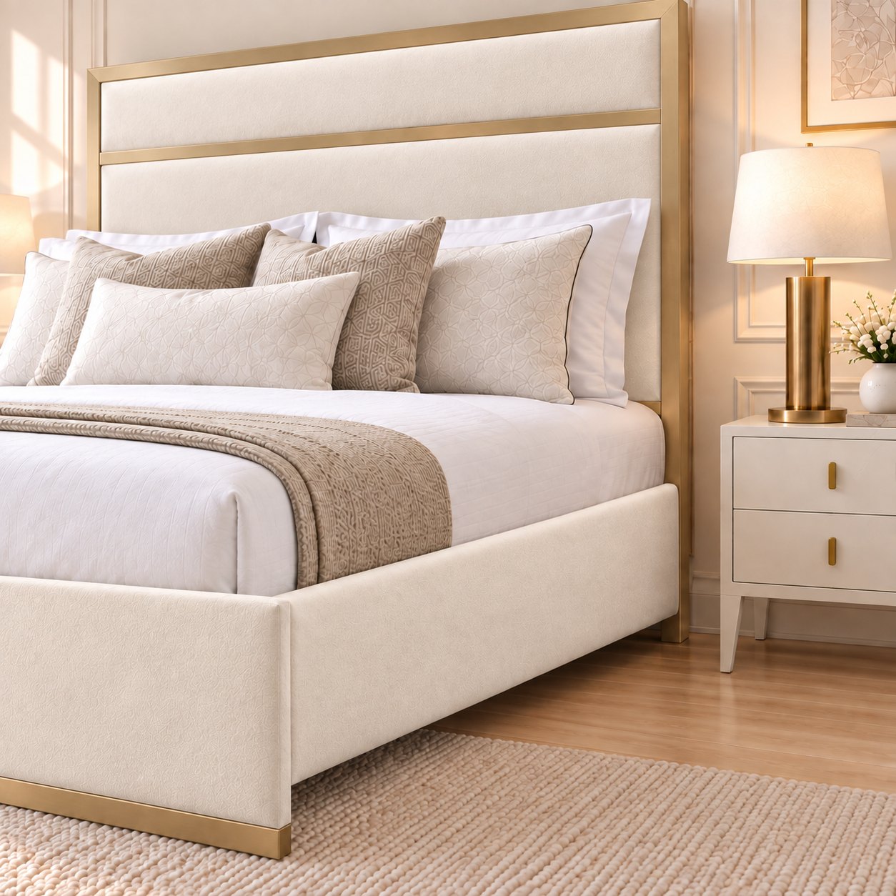Asolo bed in cream with matt gold metal frame, headboard close-up