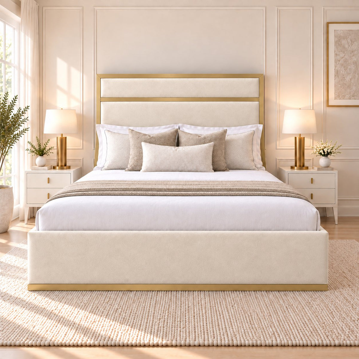 Asolo bed in cream with matt gold metal frame, front view