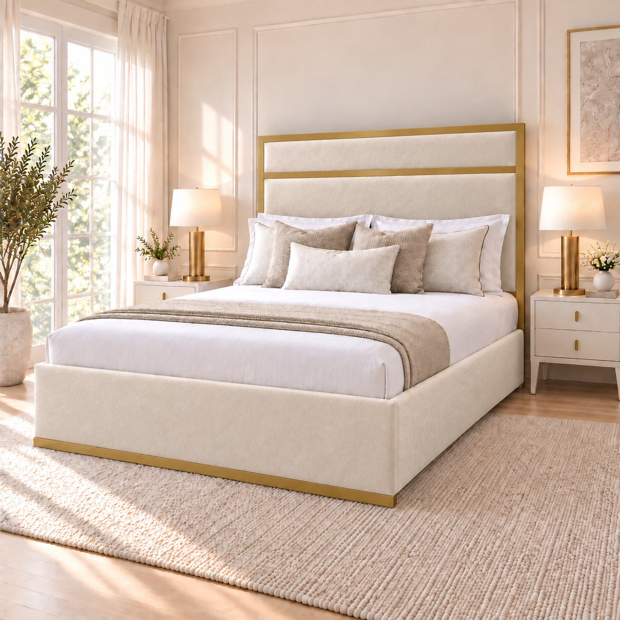 Asolo bed in cream with matt gold metal frame, side view