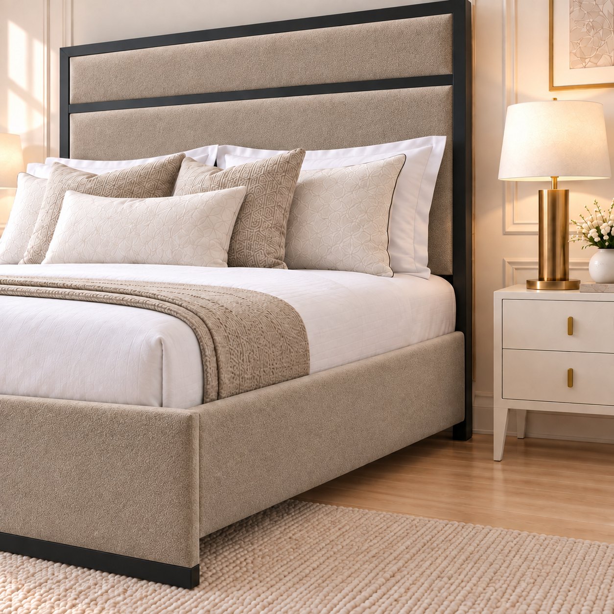 Asolo bed in pebble with black metal frame, headboard close-up