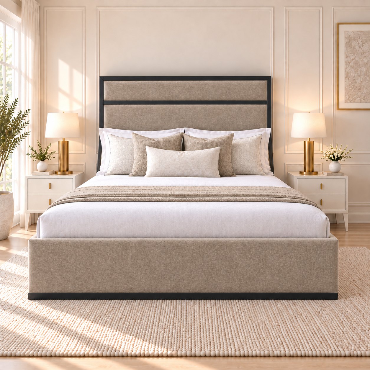 Asolo bed in pebble with black metal frame, front view