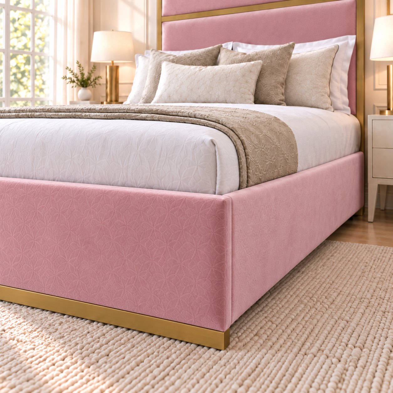 Asolo bed in pink with matt gold metal frame, headboard close-up