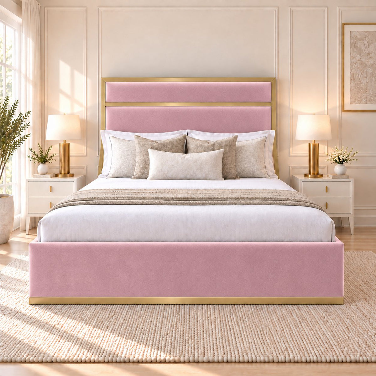 Asolo bed in pink with matt gold metal frame, front view