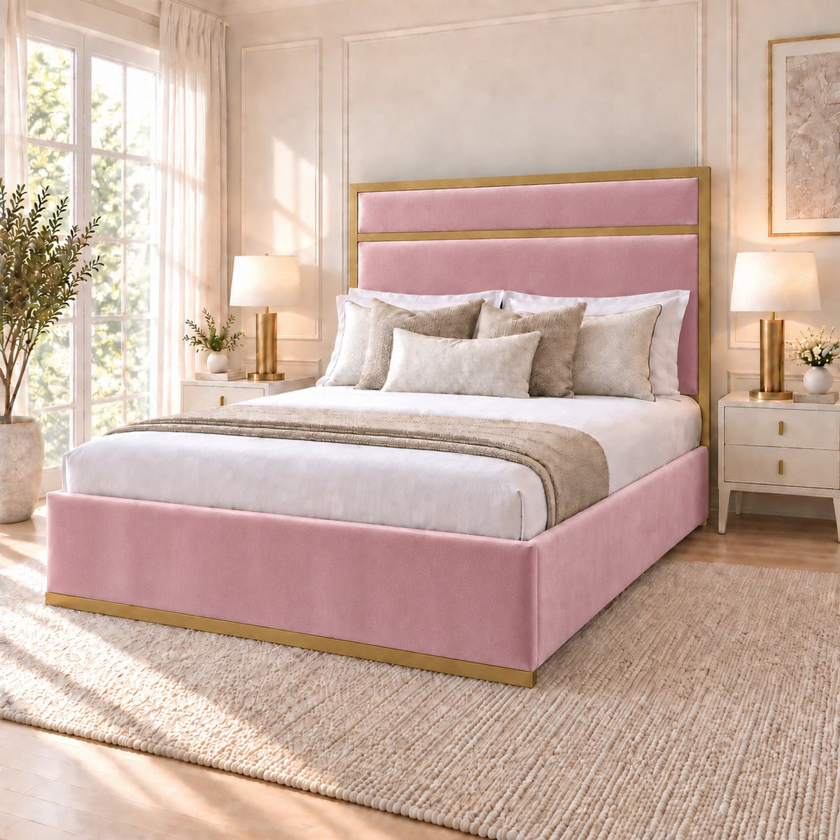 Asolo bed in pink with matt gold metal frame, side view