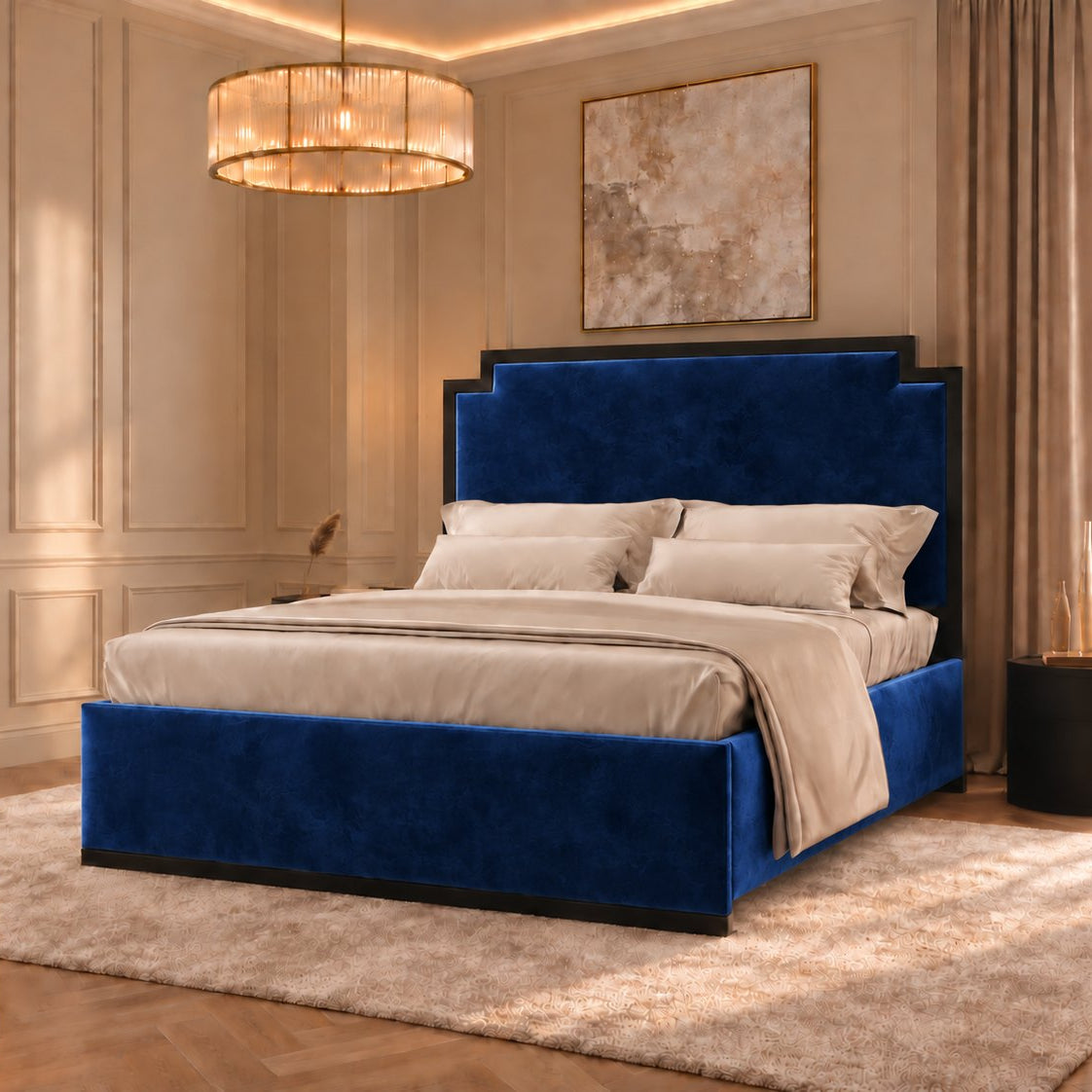 Bardolino bed in blue with black metal frame, side view