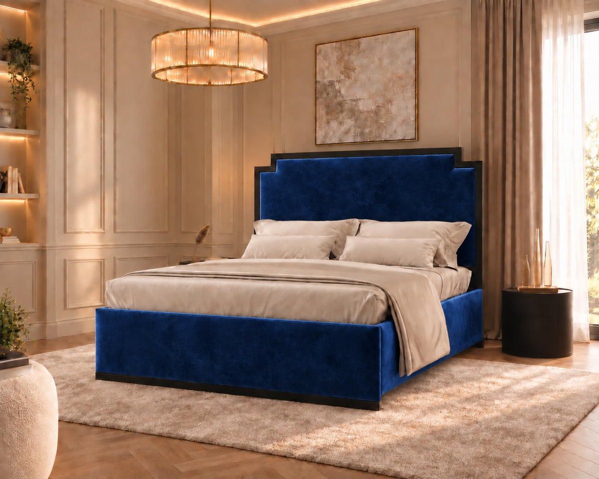 Bardolino bed in blue with black metal frame, side view