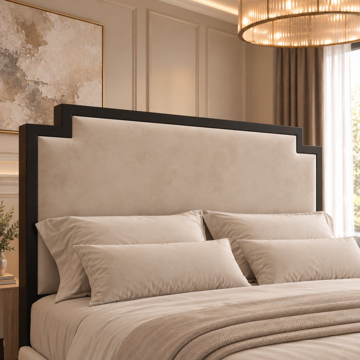 Bardolino bed in cream with black metal frame, headboard close-up
