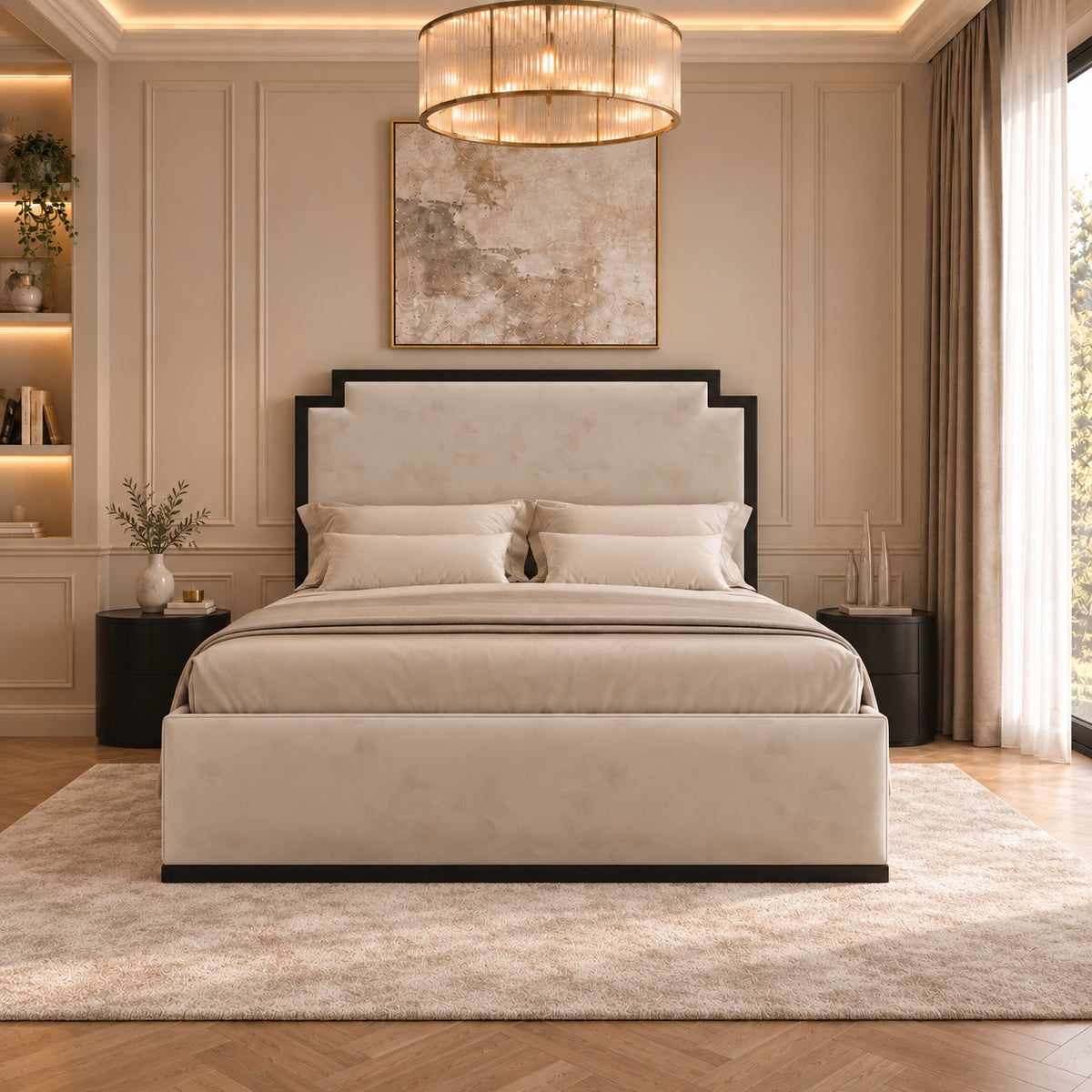 Bardolino bed in cream with black metal frame, front view