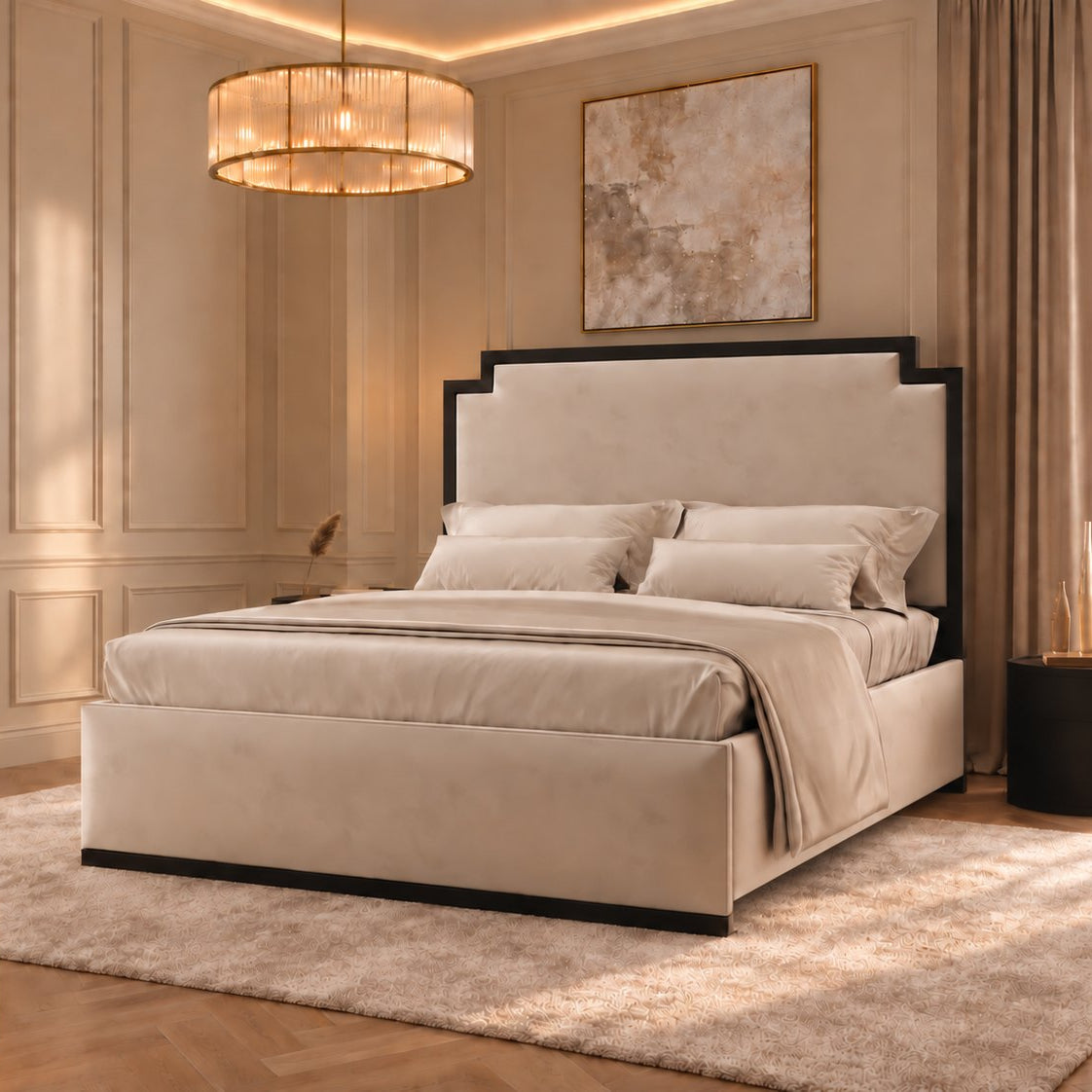Bardolino bed in cream with black metal frame, side view