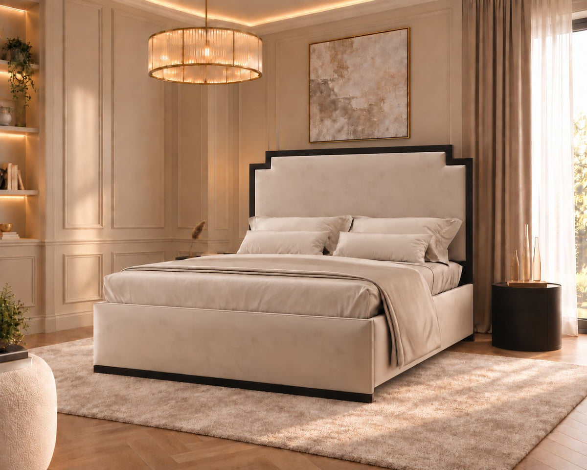 Bardolino bed in cream with black metal frame, side view