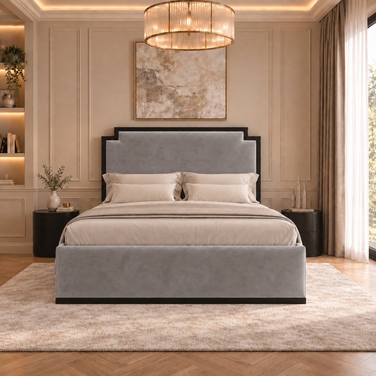 Bardolino bed in grey with black metal frame, front view
