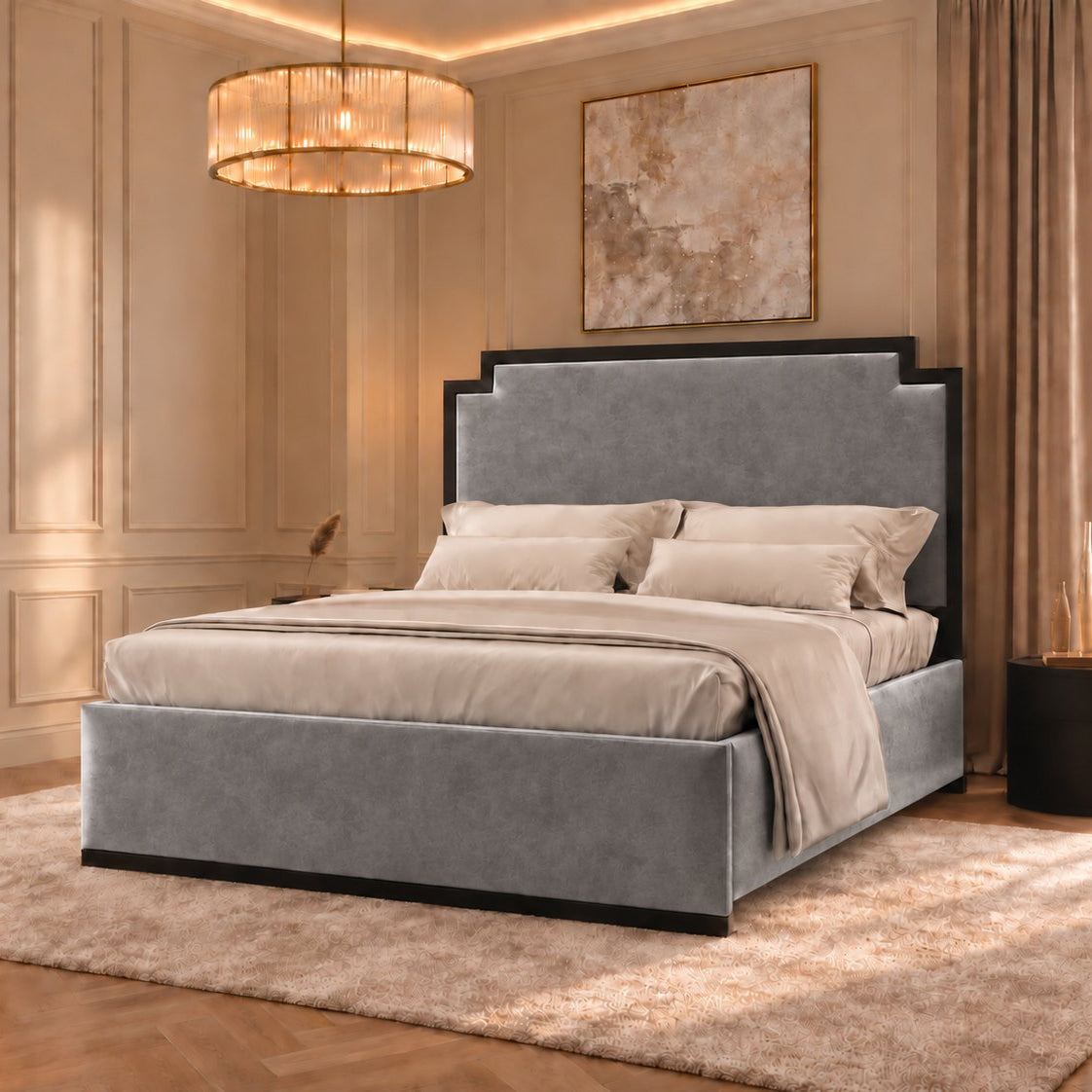 Bardolino bed in grey with black metal frame, side view