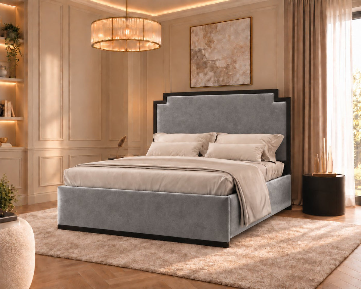 Bardolino bed in grey with black metal frame, side view