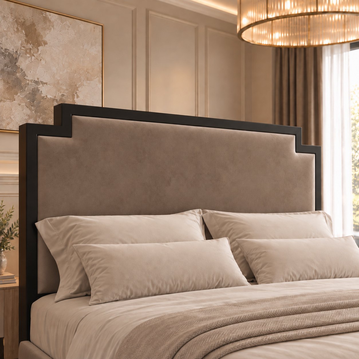 Bardolino bed in mink with black metal frame, headboard close-up