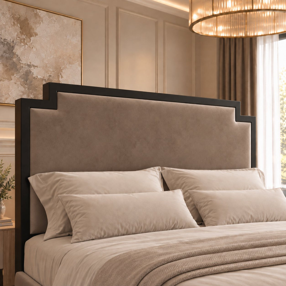 Bardolino bed in mink with black metal frame, headboard close-up