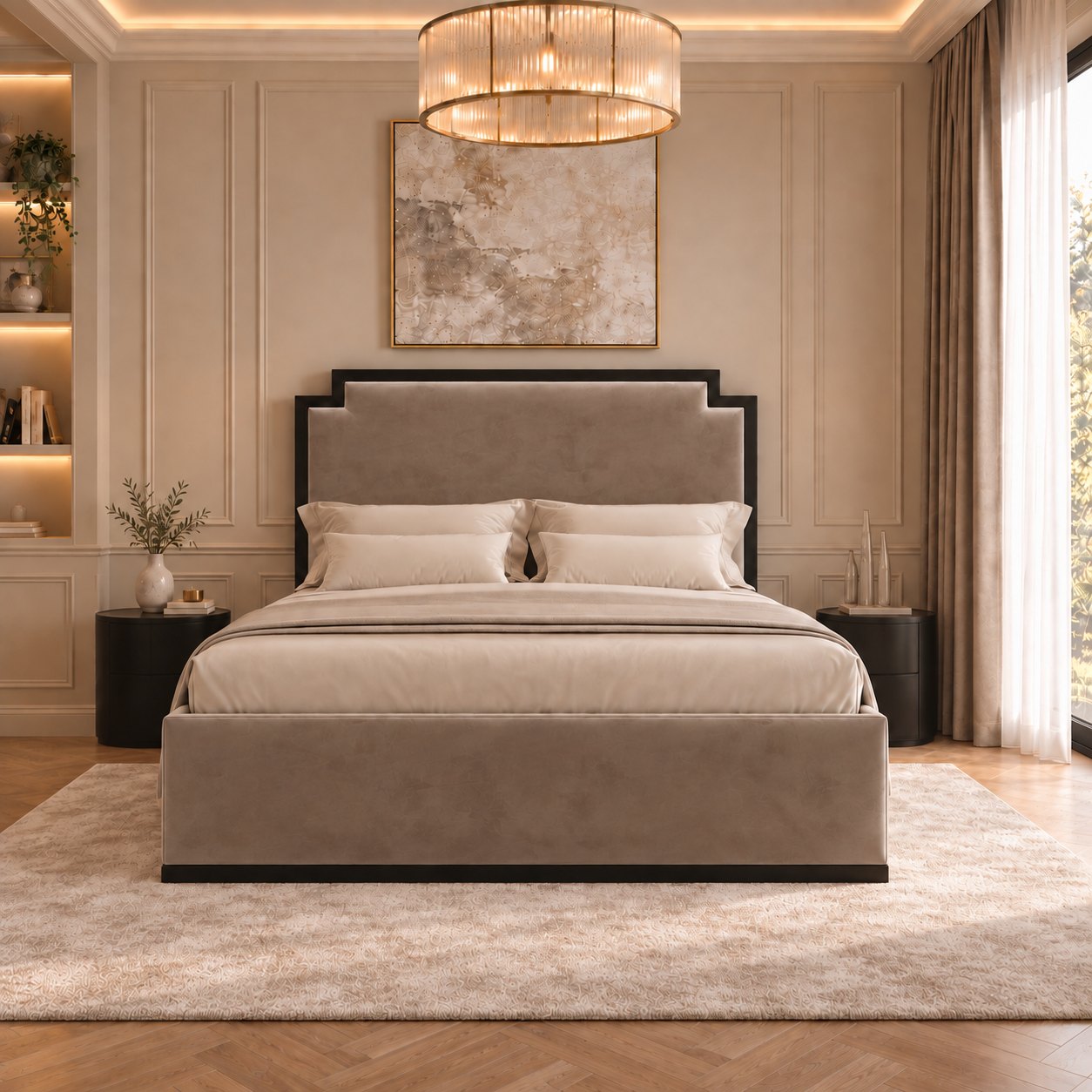 Bardolino bed in mink with black metal frame, front view