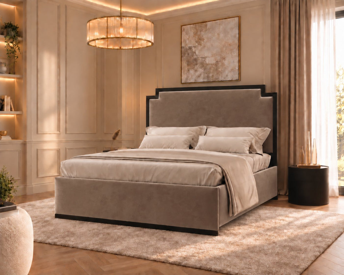 Bardolino bed in mink with black metal frame, side view