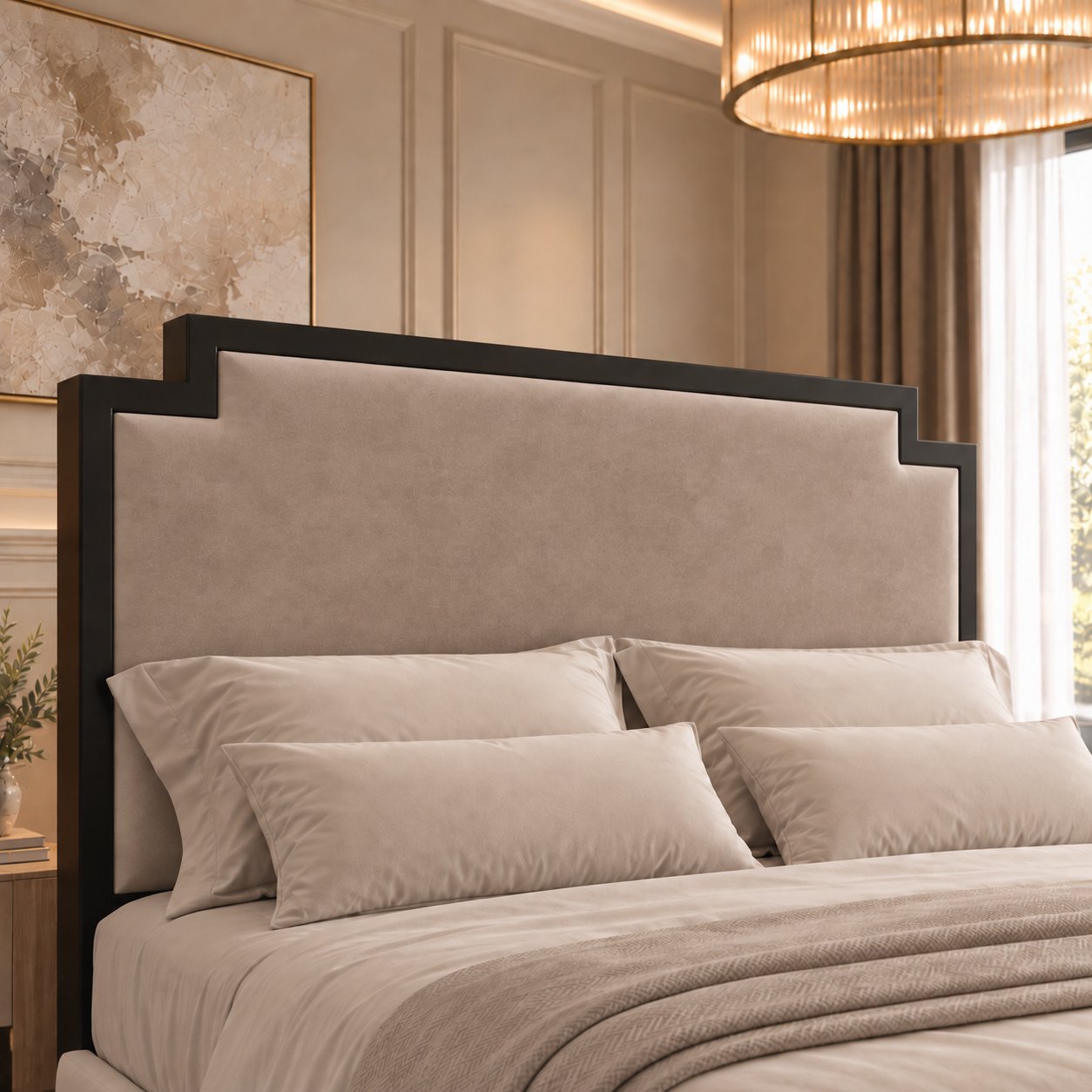 Bardolino bed in pebble with black metal frame, headboard close-up
