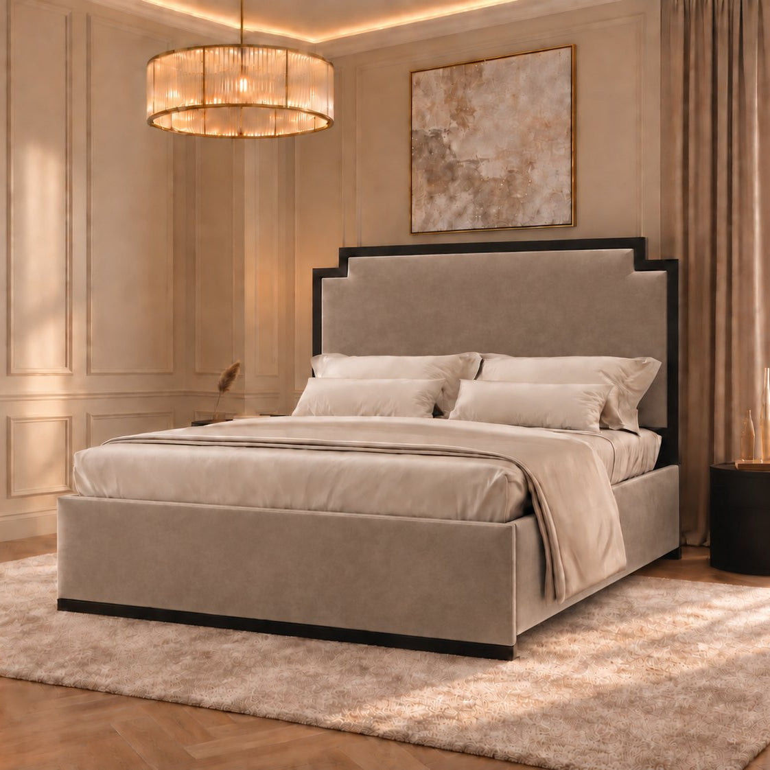 Bardolino bed in pebble with black metal frame, side view