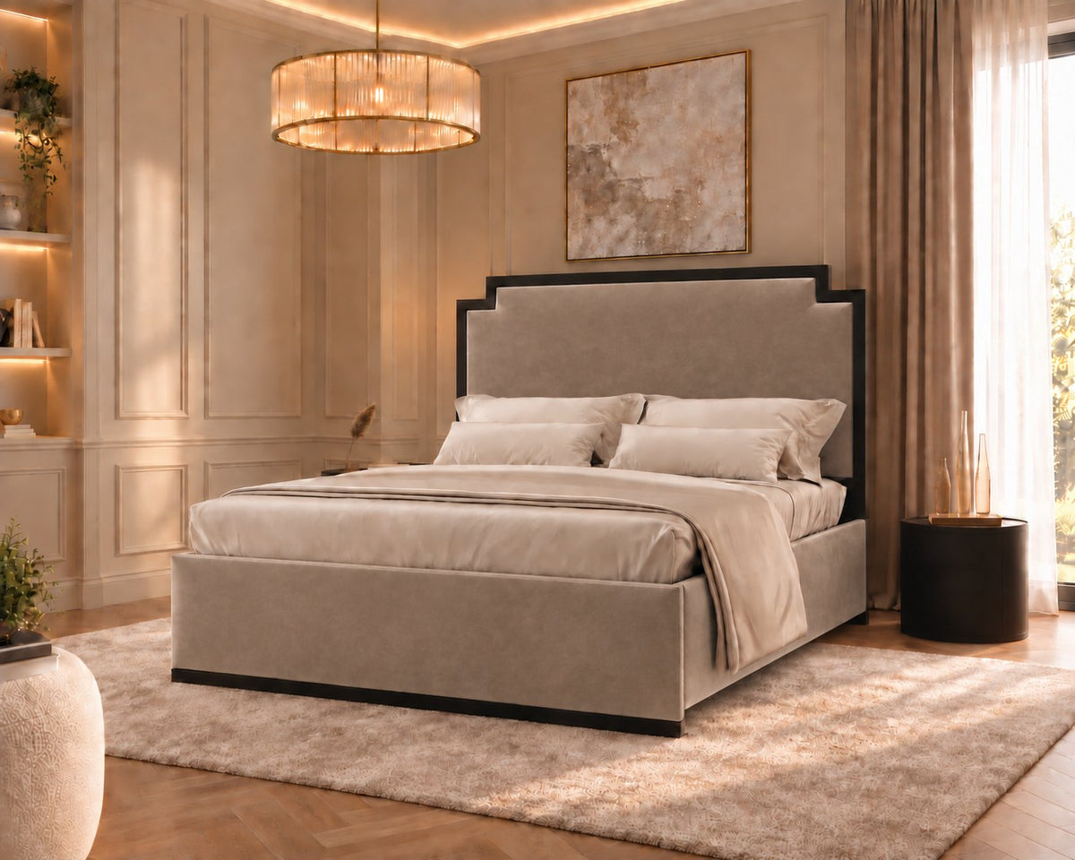 Bardolino bed in pebble with black metal frame, side view