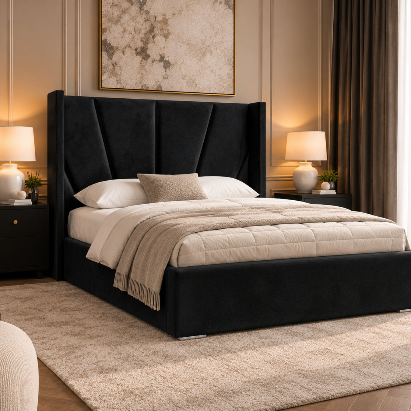 Bellini Wide Curved Winged Upholstered Soft Velvet Bed Frame