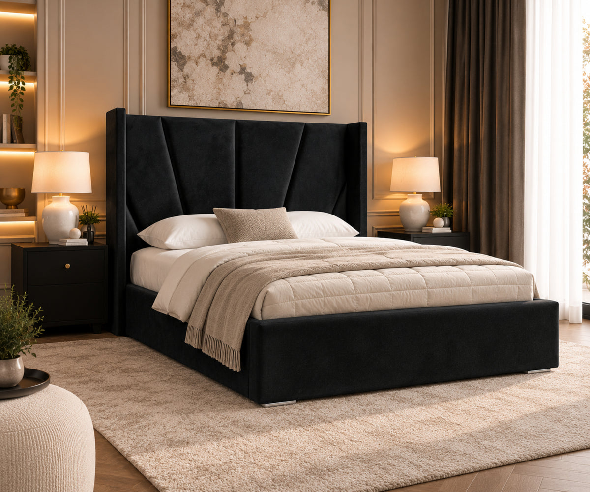 Bellini Wide Curved Winged Upholstered Soft Velvet Bed Frame