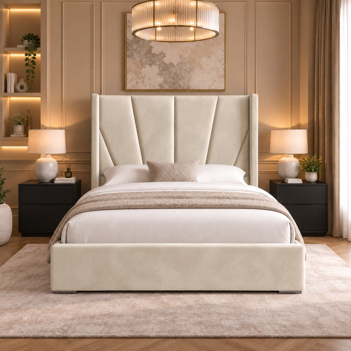 Bellini Wide Curved Winged Upholstered Soft Velvet Bed Frame