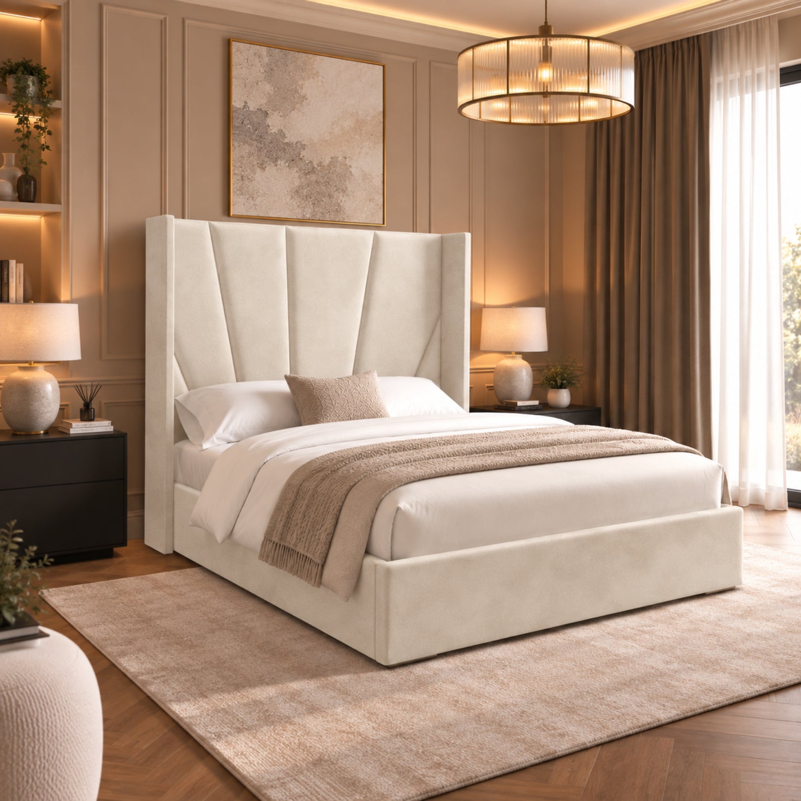 Bellini Wide Curved Winged Upholstered Soft Velvet Bed Frame