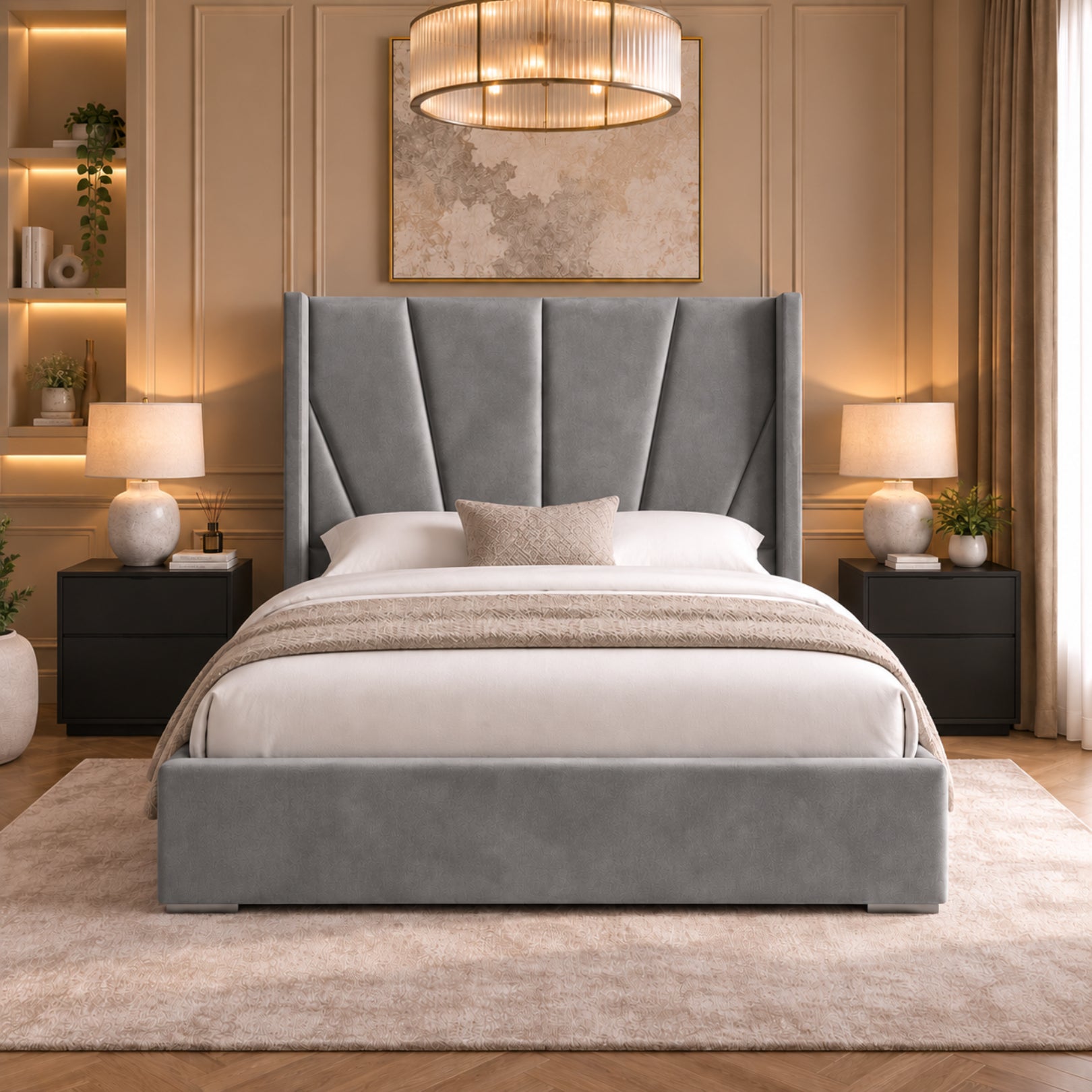 Bellini Wide Curved Winged Upholstered Soft Velvet Bed Frame