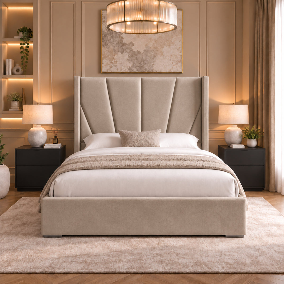 Bellini Wide Curved Winged Upholstered Soft Velvet Bed Frame