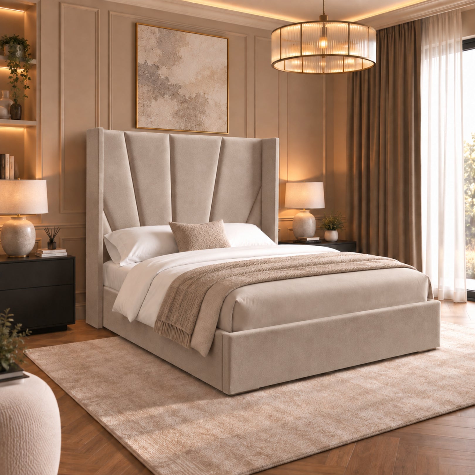 Bellini Wide Curved Winged Upholstered Soft Velvet Bed Frame