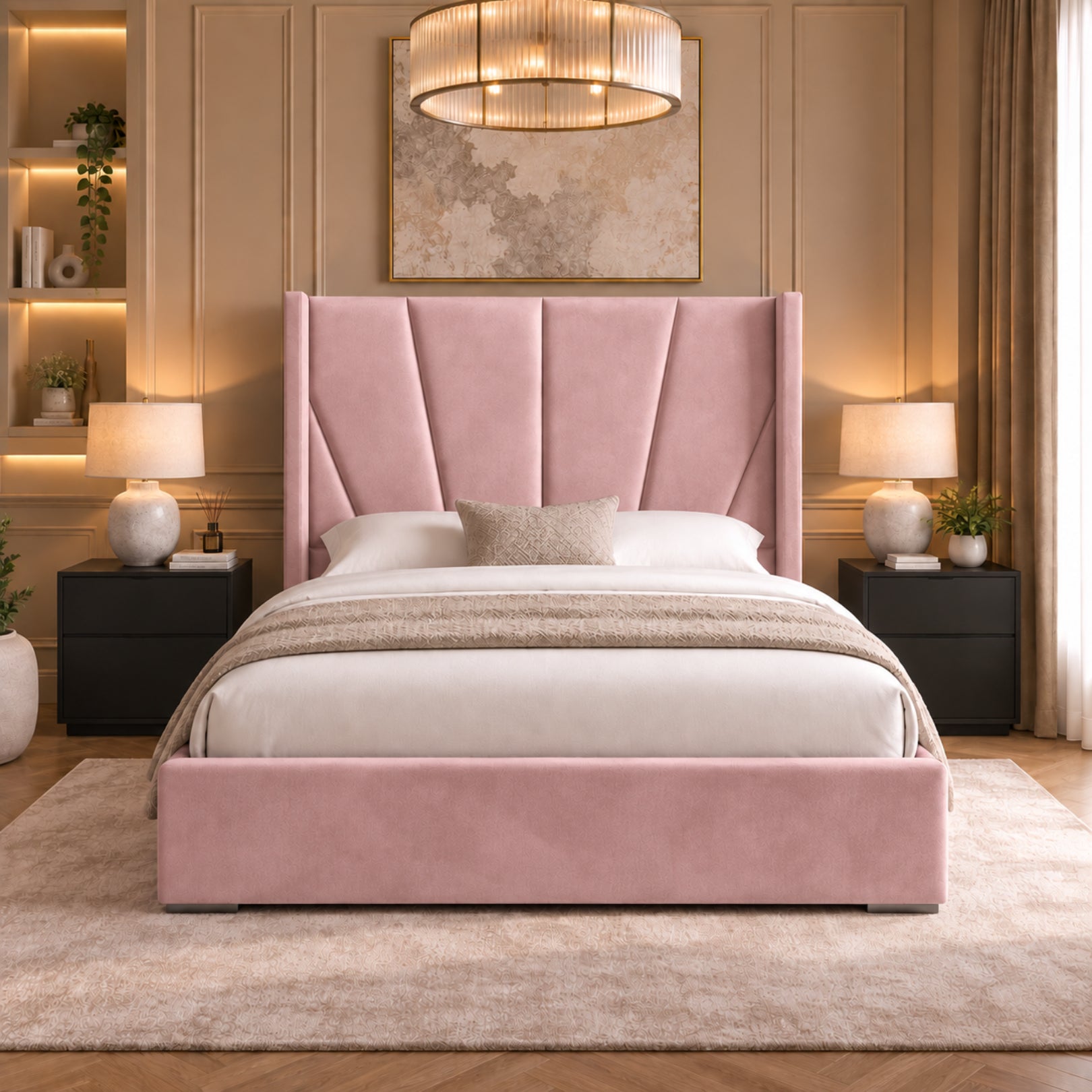 Bellini Wide Curved Winged Upholstered Soft Velvet Bed Frame