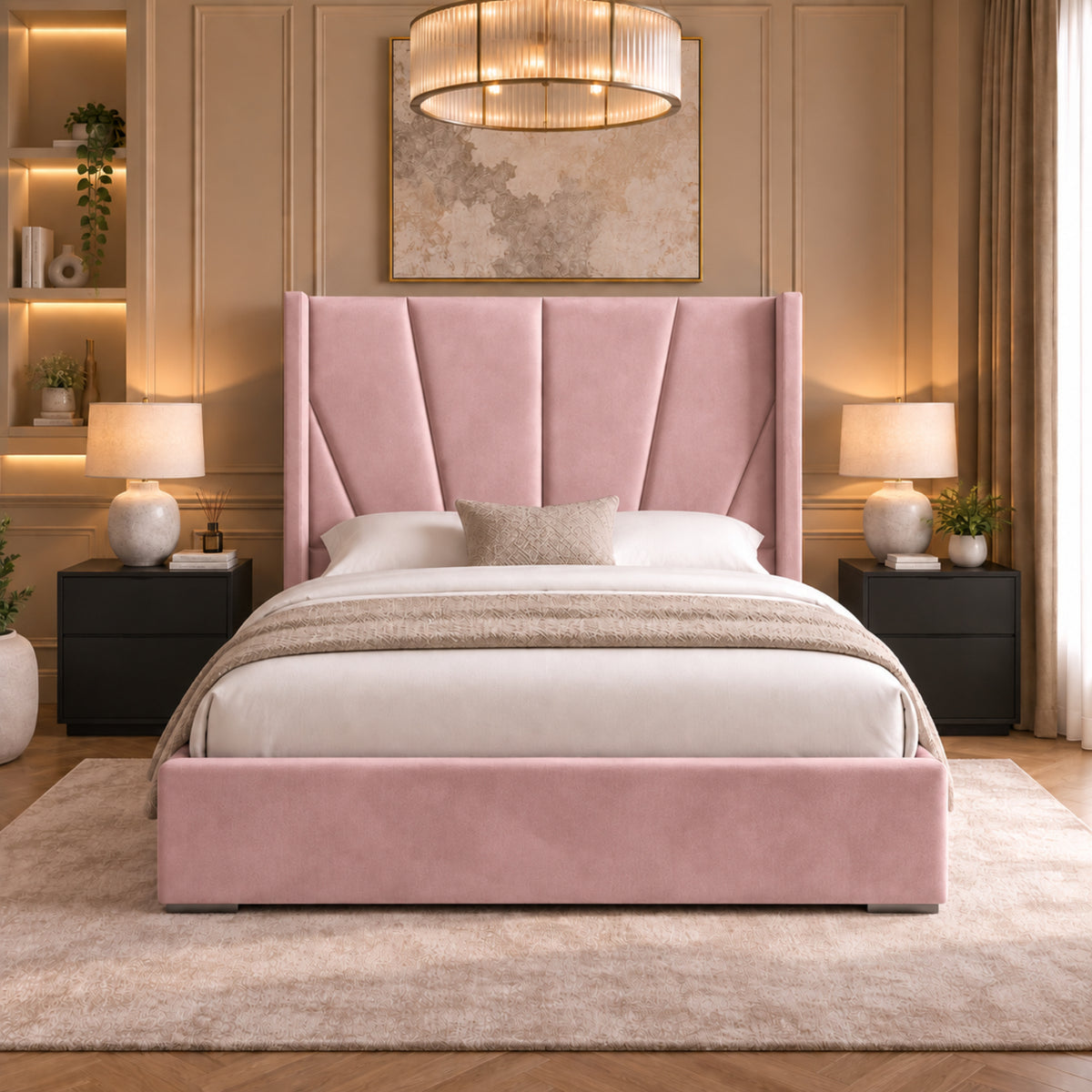 Bellini Wide Curved Winged Upholstered Soft Velvet Bed Frame