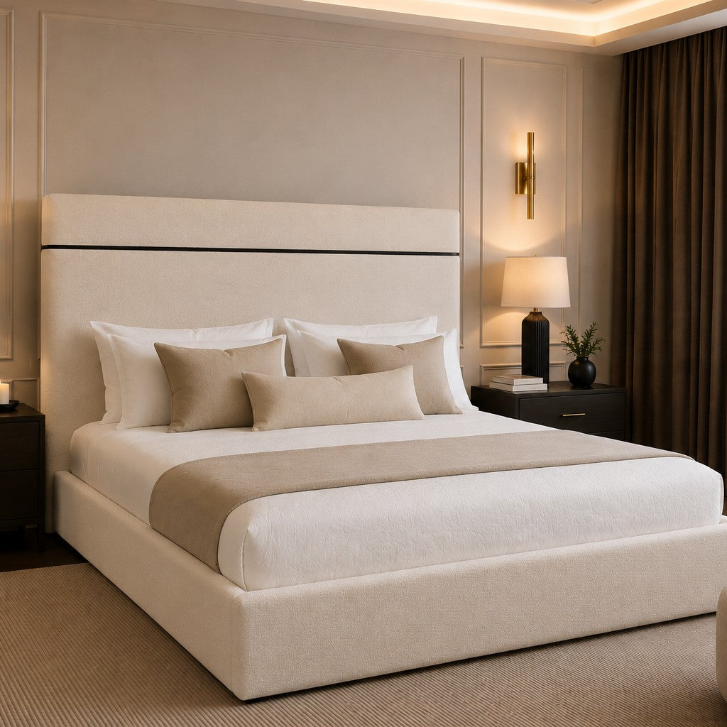 Bologna Line Detail Tall Headboard Upholstered Bed Frame
