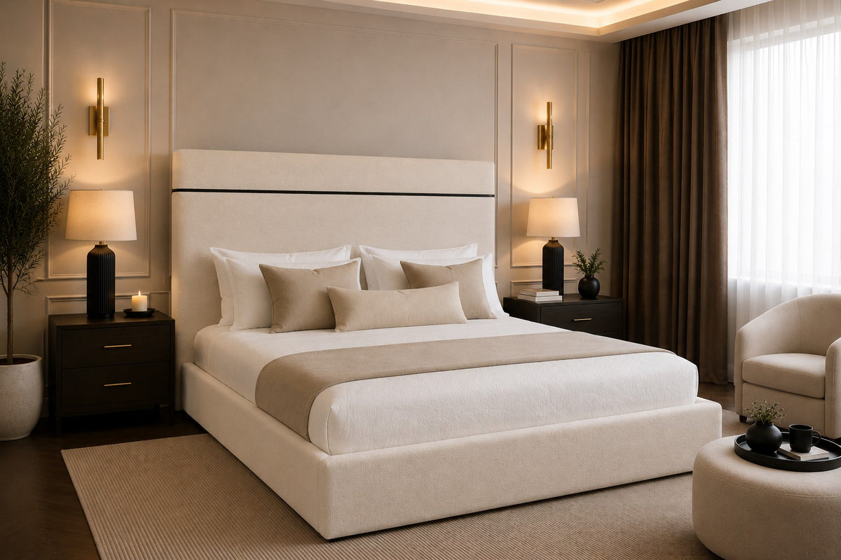 Bologna Line Detail Tall Headboard Upholstered Bed Frame