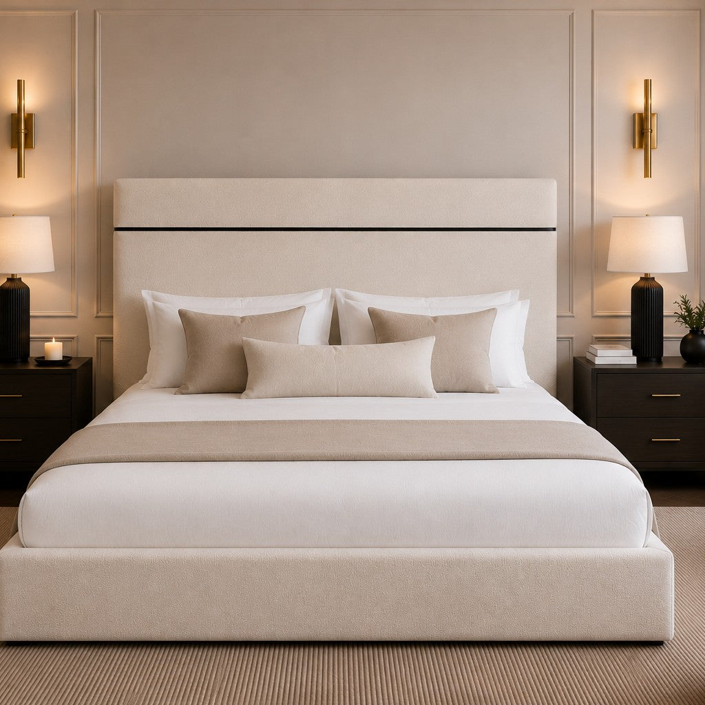 Bologna Line Detail Tall Headboard Upholstered Bed Frame