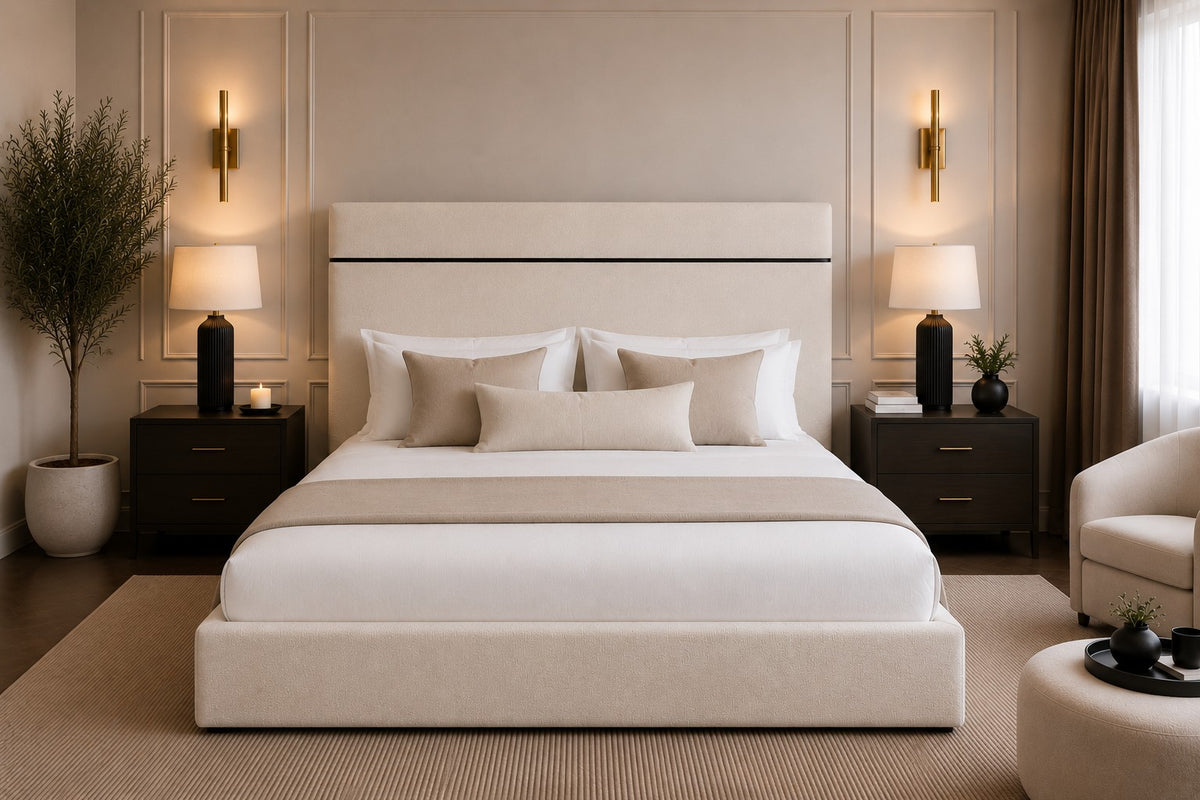 Bologna Line Detail Tall Headboard Upholstered Bed Frame