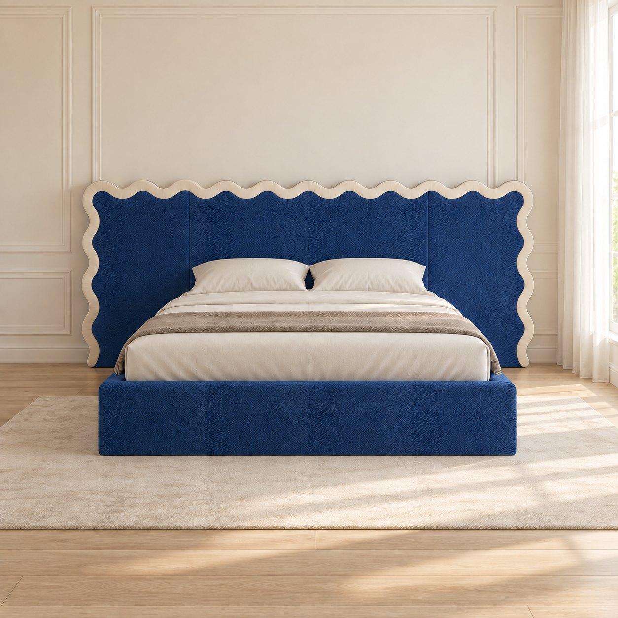 Brindisi bed in blue with cream border, front view