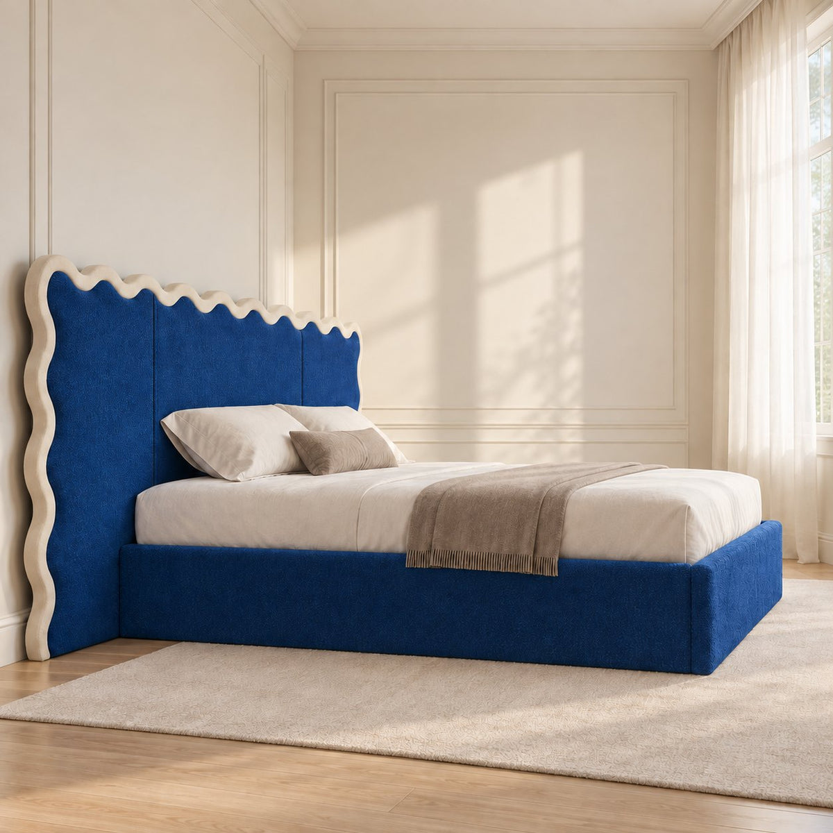 Brindisi bed in blue with cream border, side view