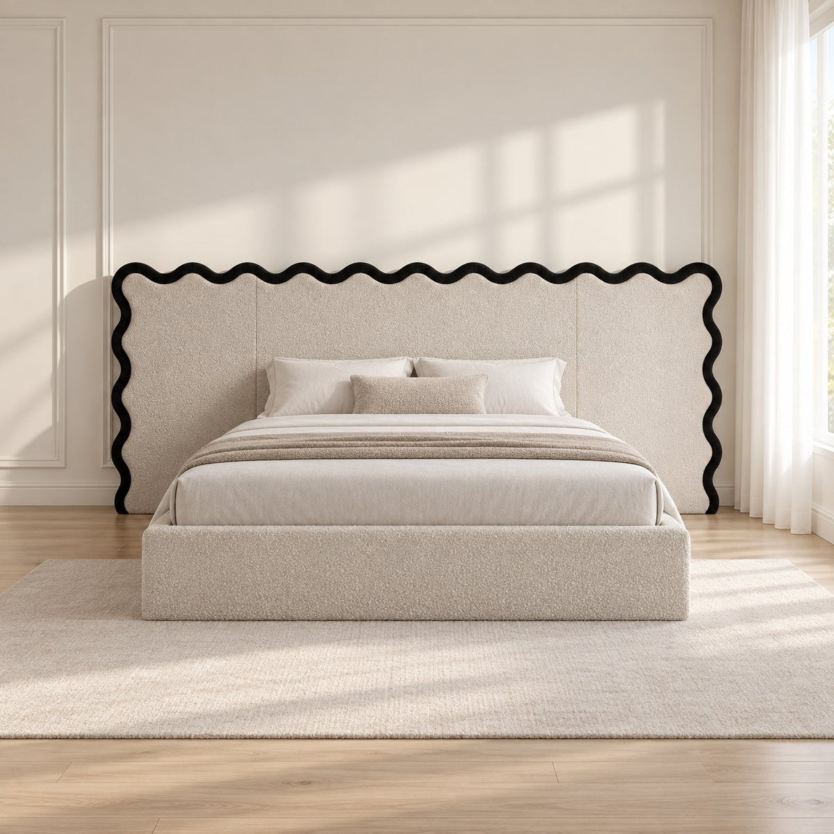 Brindisi bed in cream with black border, front view