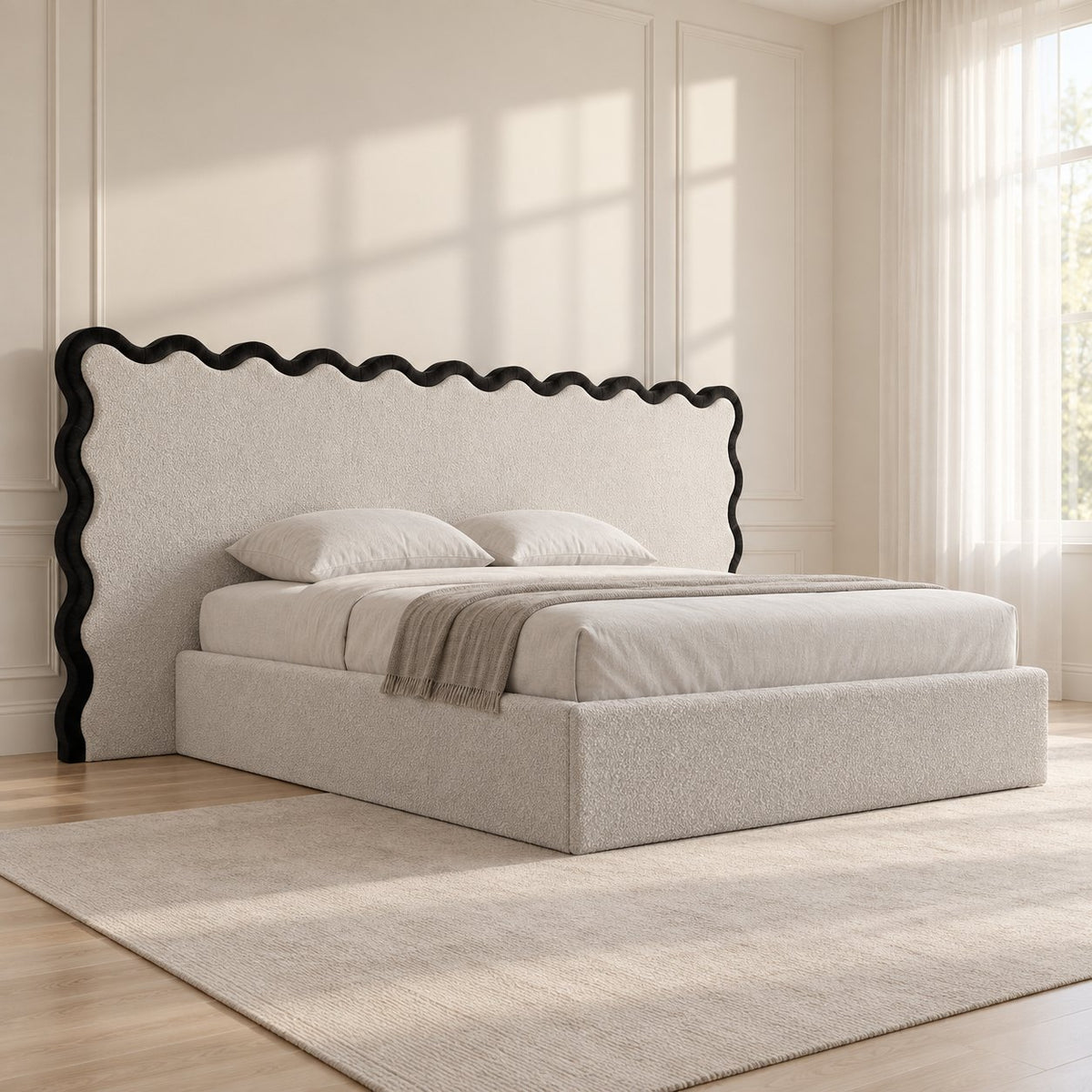Brindisi bed in cream with black border, side view