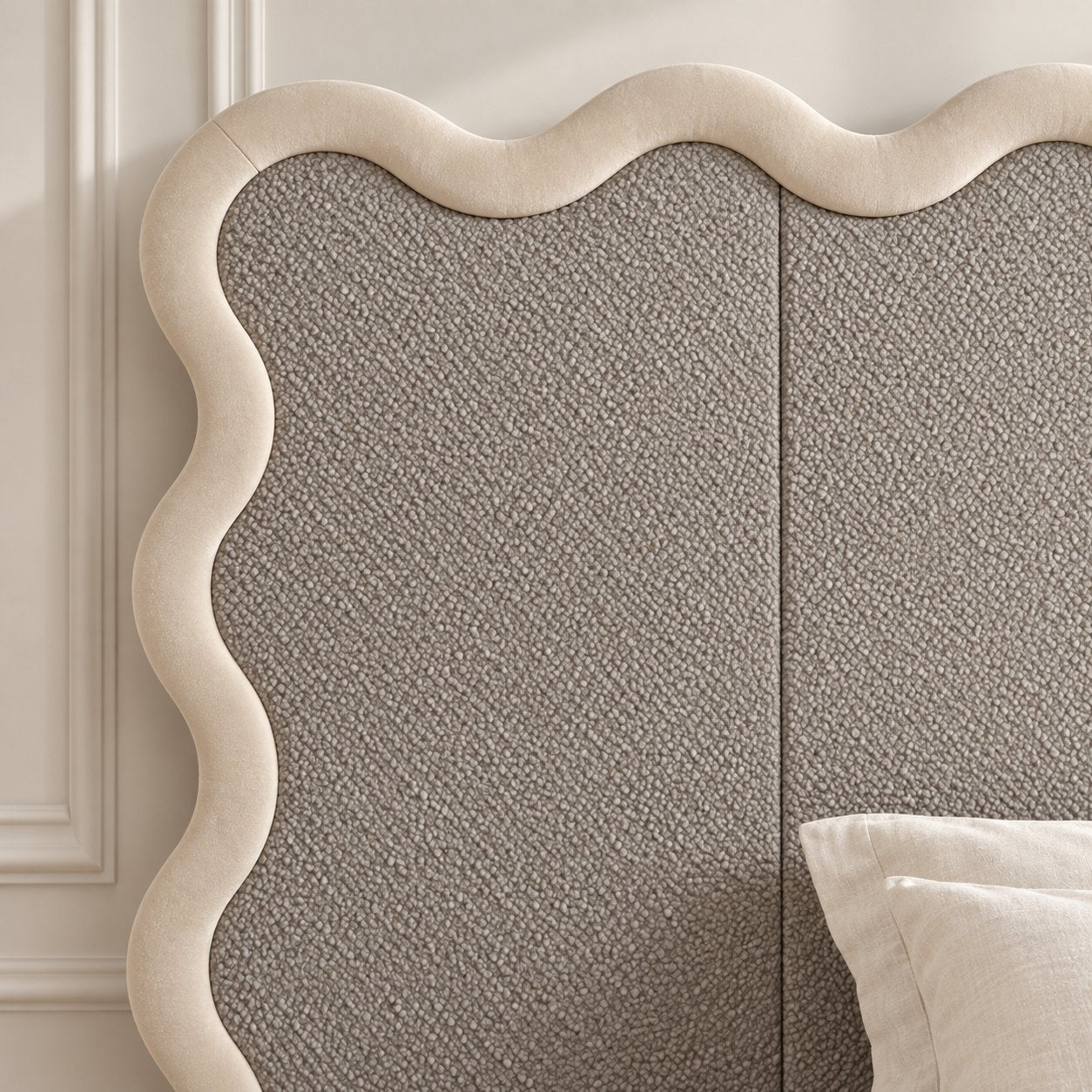 Brindisi bed in grey with cream border, headboard close-up